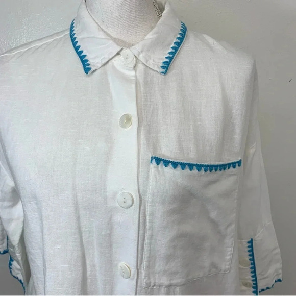 Soft Surroundings White Top Small  Linen Cotton Tunic Button Up Blue Trim Travel - Picture 2 of 11